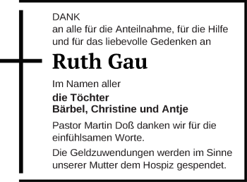 Traueranzeige von Ruth Gau von Neubrandenburger Zeitung