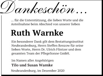 Traueranzeige von Ruth Warnke von Neubrandenburger Zeitung