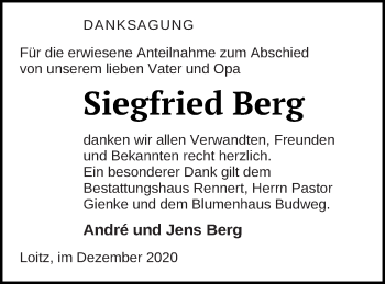 Traueranzeige von Siegfried Berg von Vorpommern Kurier