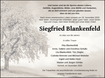 Traueranzeige von Siegfried Blankenfeld von Pasewalker Zeitung