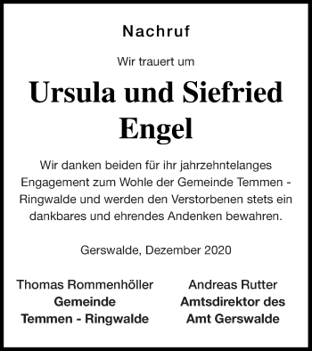 Traueranzeige von Siegfried Engel von Uckermark Kombination