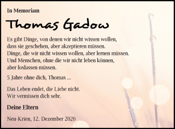 Traueranzeige von Thomas Gadow von Vorpommern Kurier