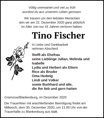 Traueranzeige von Tino Fischer von Prenzlauer Zeitung