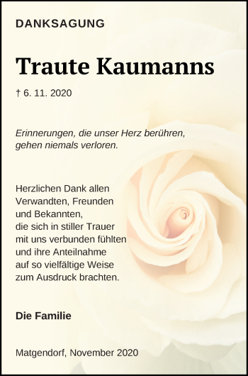 Traueranzeige von Traute Kaumanns von Mecklenburger Schweiz