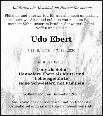 Traueranzeige von Udo Ebert von Prenzlauer Zeitung