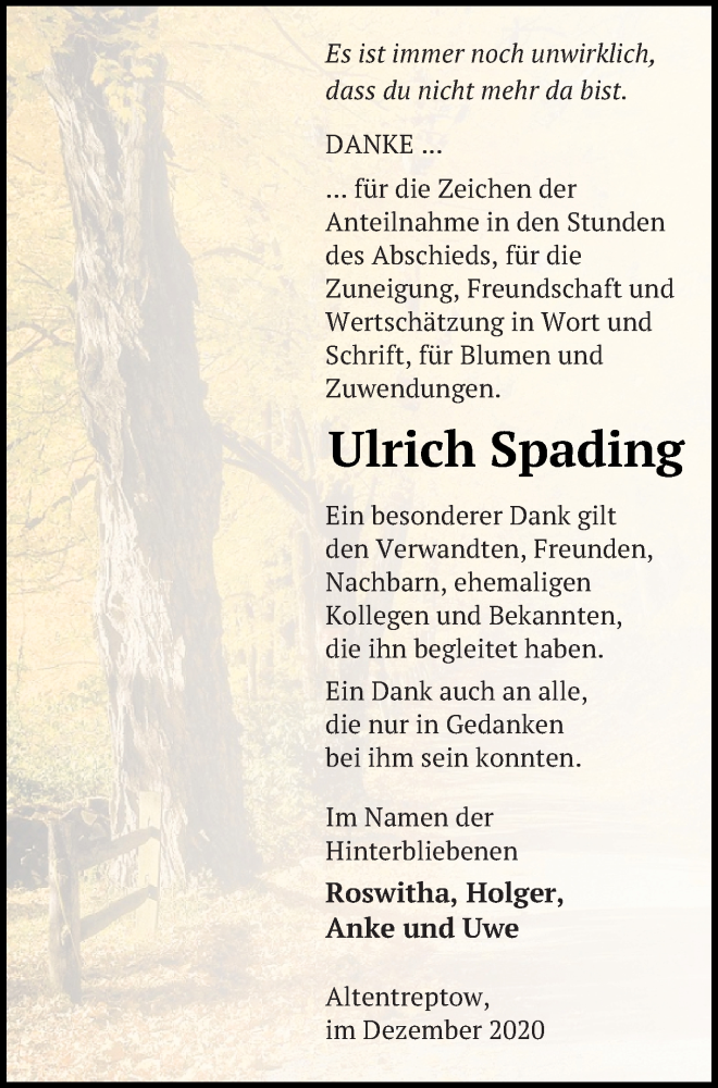  Traueranzeige für Ulrich Spading vom 04.12.2020 aus Neubrandenburger Zeitung