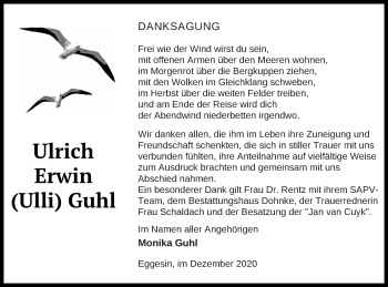 Traueranzeige von Ulrich Erwin Guhl von Haff-Zeitung