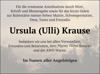 Traueranzeige von Ursula Krause von Müritz-Zeitung