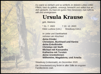 Traueranzeige von Ursula Krause von Pasewalker Zeitung