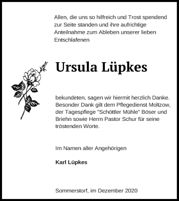 Traueranzeige von Ursula Lüpkes von Müritz-Zeitung