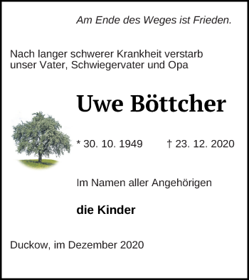 Traueranzeige von Uwe Böttcher von Mecklenburger Schweiz