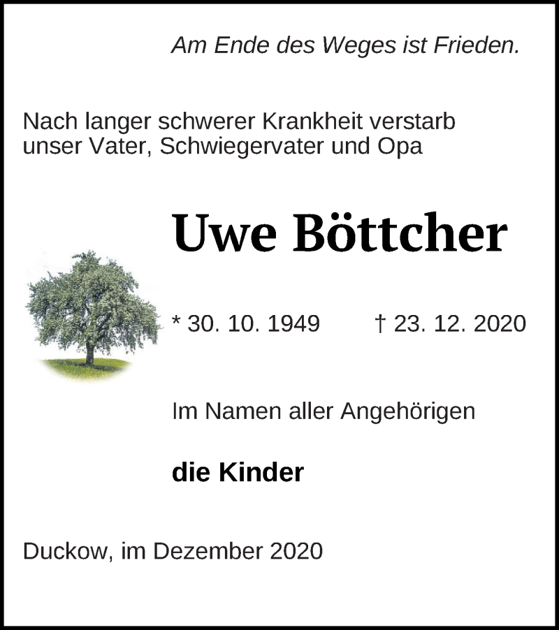  Traueranzeige für Uwe Böttcher vom 30.12.2020 aus Mecklenburger Schweiz