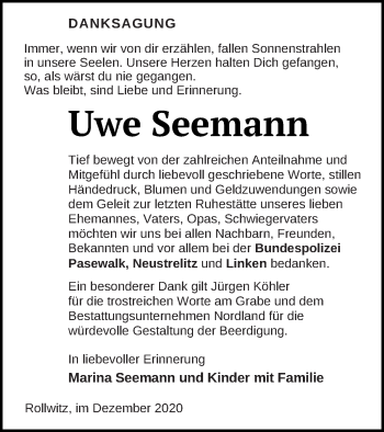 Traueranzeige von Uwe Seemann von Pasewalker Zeitung