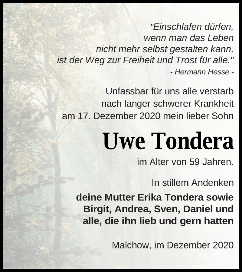  Traueranzeige für Uwe Tondera vom 29.12.2020 aus Müritz-Zeitung