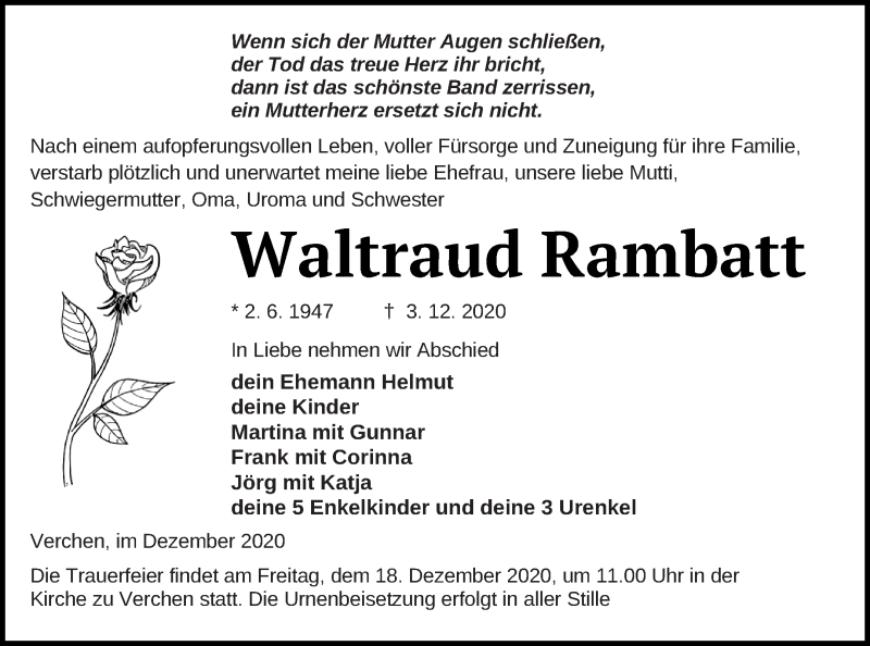  Traueranzeige für Waltraud Rambatt vom 08.12.2020 aus Demminer Zeitung