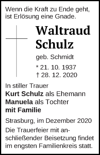 Traueranzeige von Waltraud Schulz von Pasewalker Zeitung