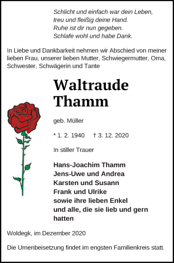 Traueranzeige von Waltraude Thamm von Strelitzer Zeitung