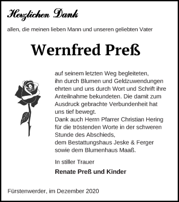 Traueranzeige von Wernfred Preß von Prenzlauer Zeitung