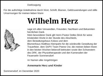 Traueranzeige von Wilhelm Herz von Demminer Zeitung