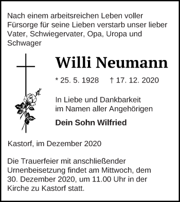 Traueranzeige von Willi Neumann von Neubrandenburger Zeitung