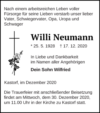 Traueranzeige von Willi Neumann von Neubrandenburger Zeitung