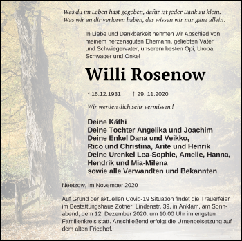 Traueranzeige von Willi Rosenow von Vorpommern Kurier