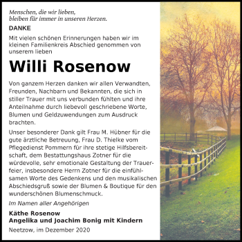 Traueranzeige von Willi Rosenow von Vorpommern Kurier