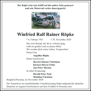 Traueranzeige von Winfried Ralf Rainer Röpke von Pasewalker Zeitung