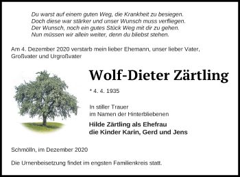 Traueranzeige von Wolf-Dieter Zärtling von Pasewalker Zeitung