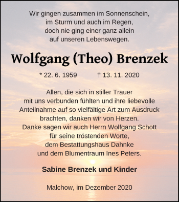 Traueranzeige von Wolfgang Brenzek von Müritz-Zeitung