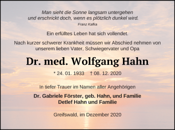 Traueranzeige von Wolfgang Hahn von Vorpommern Kurier