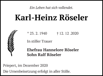 Traueranzeige von rEhefrau Hannelore Röseler von Strelitzer Zeitung