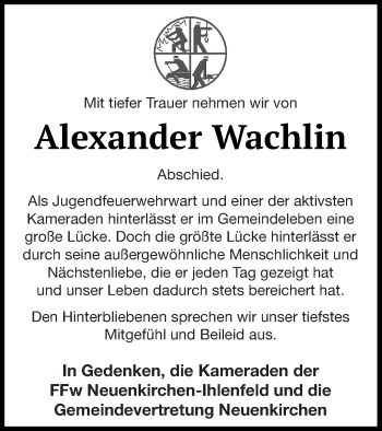 Traueranzeige von Alexander Wachlin von Neubrandenburger Zeitung