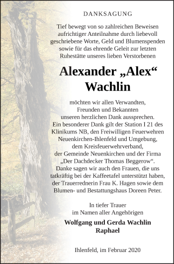 Traueranzeige von Alexander Wachlin von Neubrandenburger Zeitung