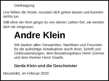 Traueranzeige von Andre Klein von Strelitzer Zeitung