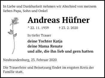 Traueranzeige von Andreas Hüfner von Neubrandenburger Zeitung