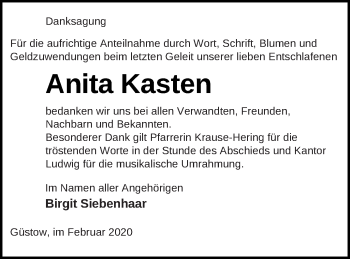 Traueranzeige von Anita Kasten von Prenzlauer Zeitung