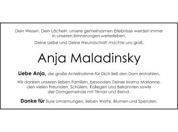 Traueranzeige von Anja Maladinsky von Vorpommern Kurier