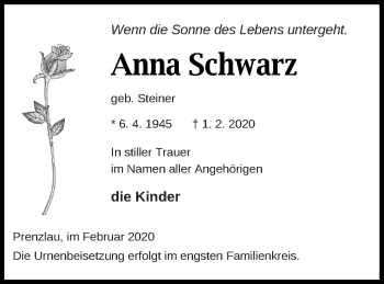 Traueranzeige von Anna Schwarz von Prenzlauer Zeitung