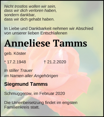 Traueranzeige von Anneliese Tamms von Vorpommern Kurier