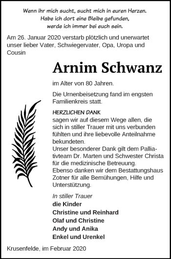 Traueranzeige von Arnim Schwanz von Vorpommern Kurier