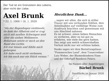 Traueranzeige von Axel Brunk von Pasewalker Zeitung