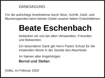 Traueranzeige von Beate Eschenbach von Mecklenburger Schweiz