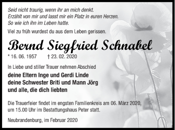 Traueranzeige von Bernd Siegfried Schnabel von Neubrandenburger Zeitung