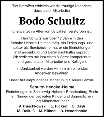 Traueranzeige von Bodo Schultz von Neubrandenburger Zeitung