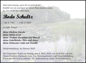 Traueranzeige von Bodo Schultz von Neubrandenburger Zeitung