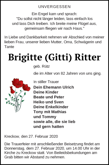 Traueranzeige von Brigitte  Ritter von Pasewalker Zeitung