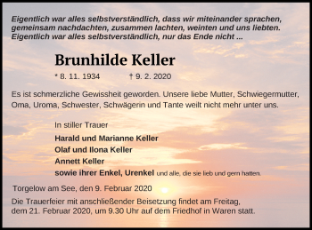 Traueranzeige von Brunhilde Keller von Müritz-Zeitung