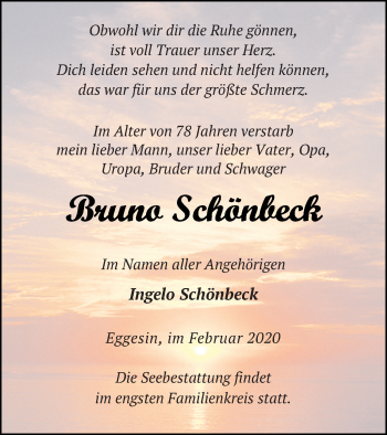 Traueranzeige von Bruno Schönbeck von Haff-Zeitung