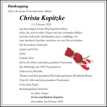 Traueranzeige von Christa Kopitzke von Pasewalker Zeitung